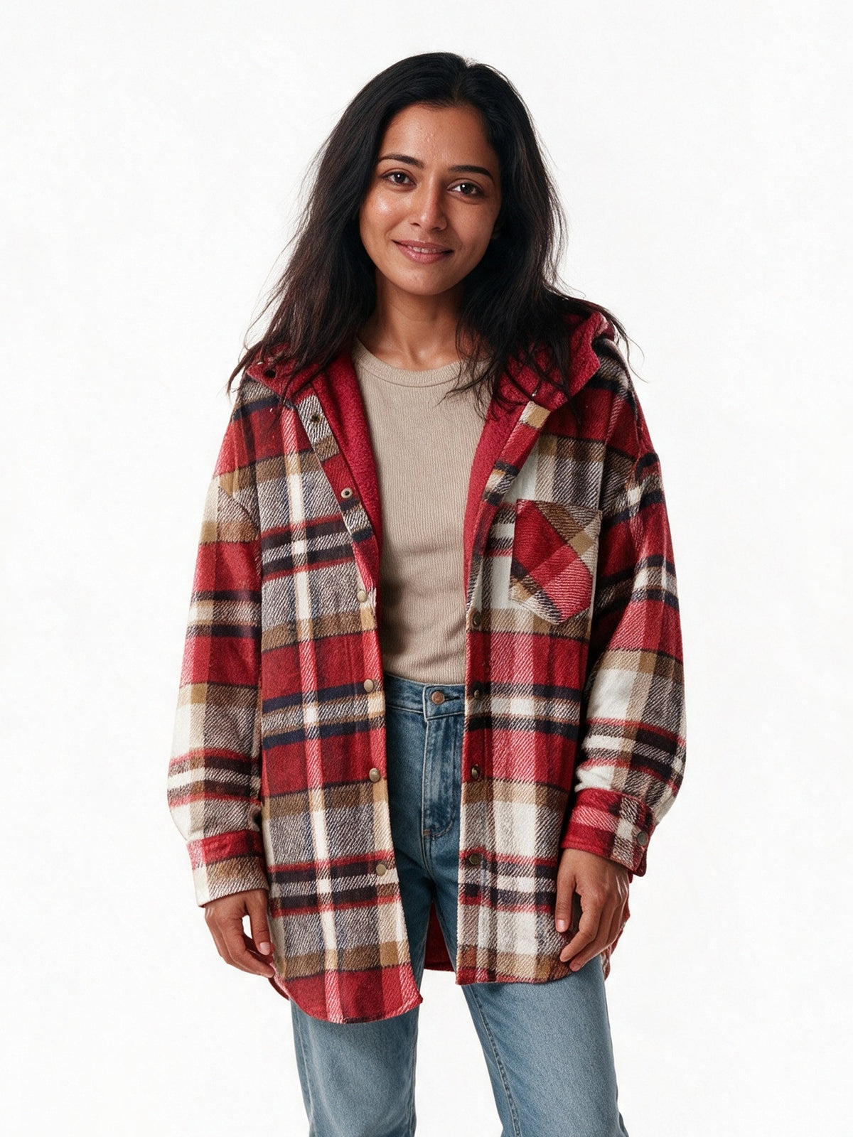 Tamsyn - Women's Hooded Plaid Shacket - Red