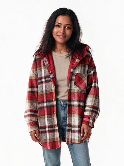 Tamsyn - Women's Hooded Plaid Shacket - Red