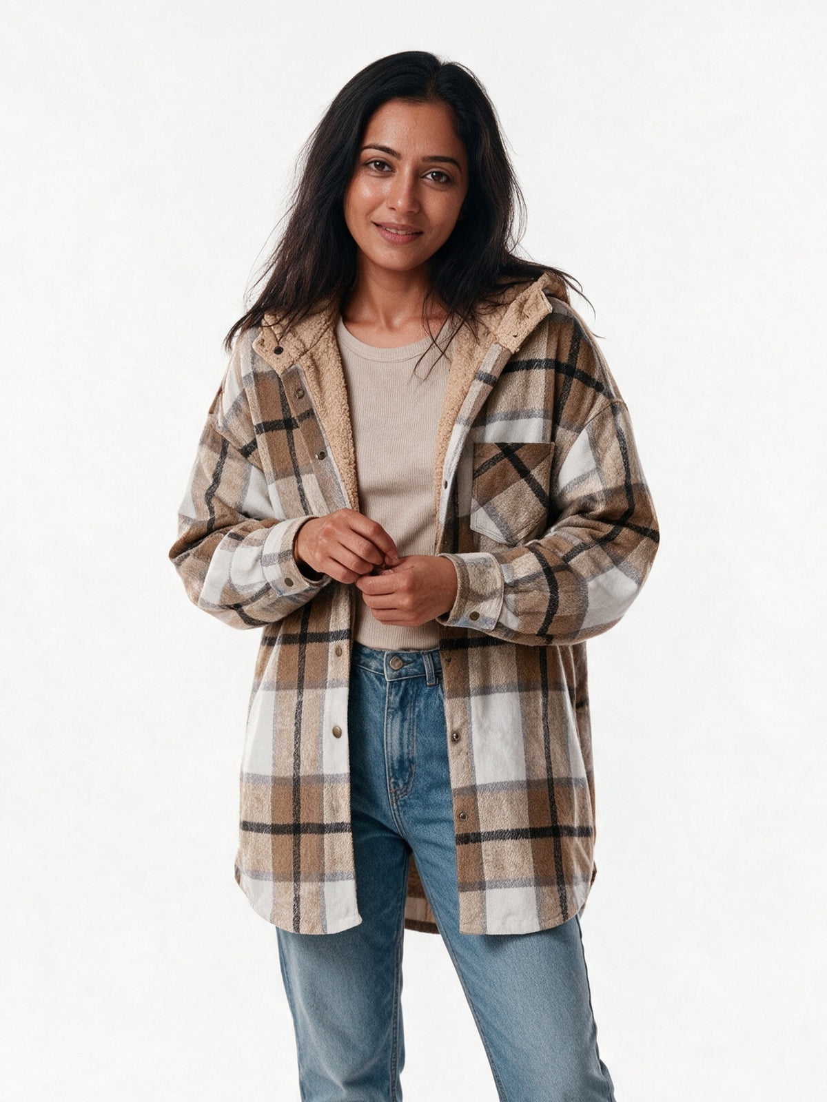Tamsyn - Women's Hooded Plaid Shacket - view 1