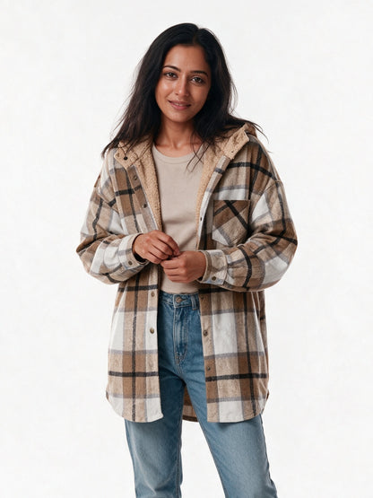 Tamsyn - Women's Hooded Plaid Shacket - view 1
