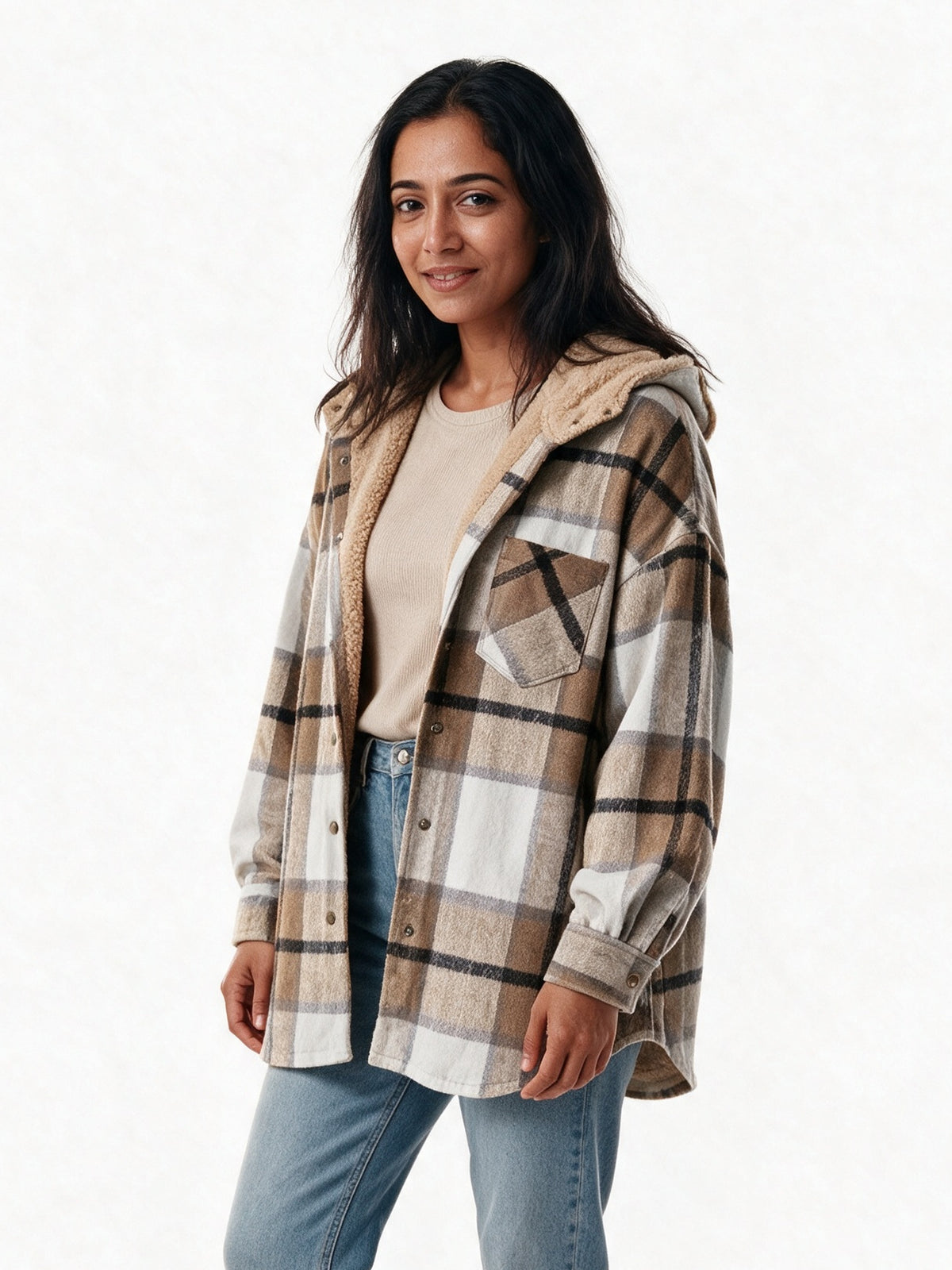 Tamsyn - Women's Hooded Plaid Shacket - view 2