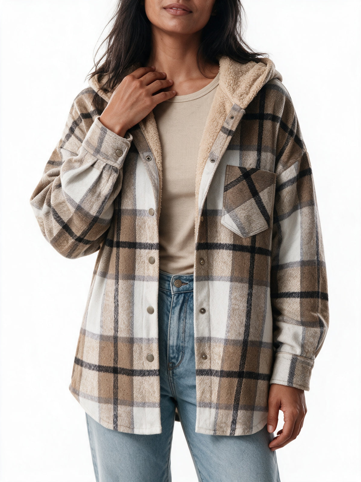 Tamsyn - Women's Hooded Plaid Shacket - view 3