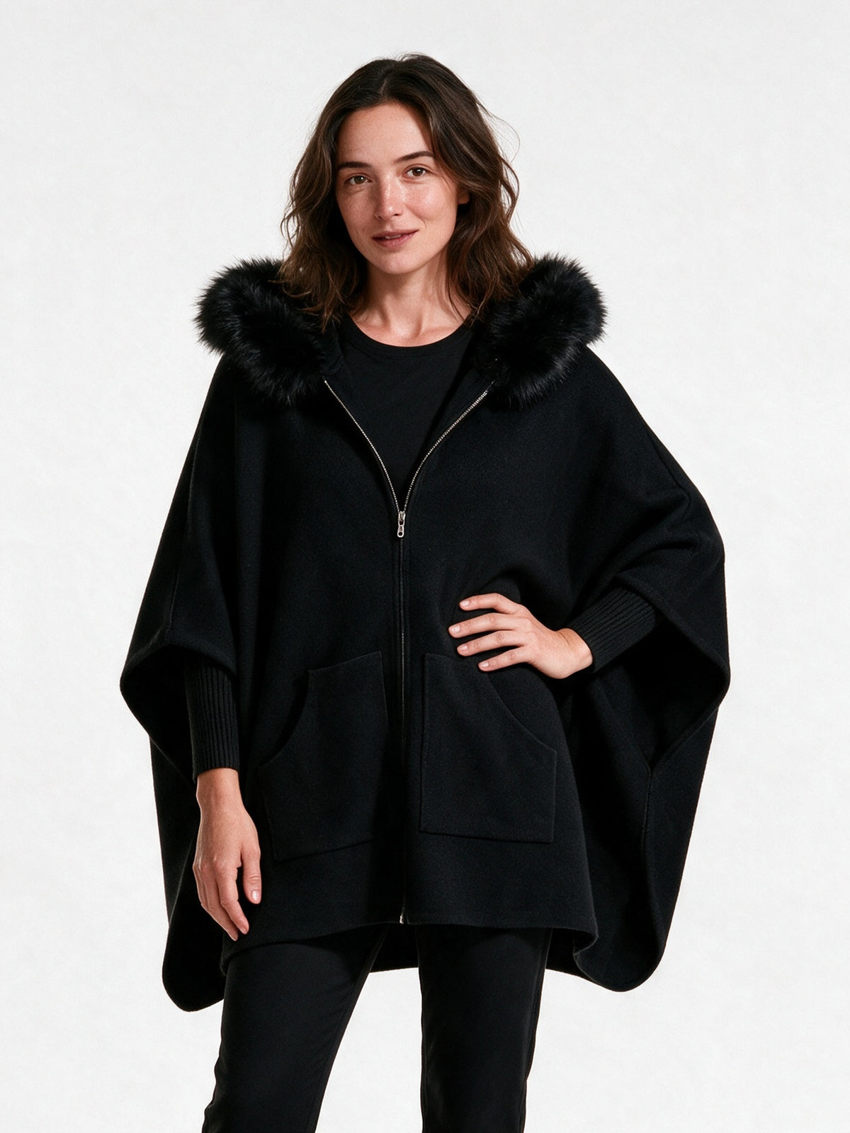 Theodora - Women's Oversized Hooded Zip Cape Coat - Black