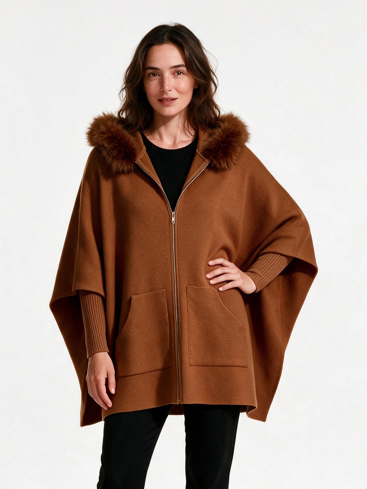 Theodora - Women's Oversized Hooded Zip Cape Coat - Brown
