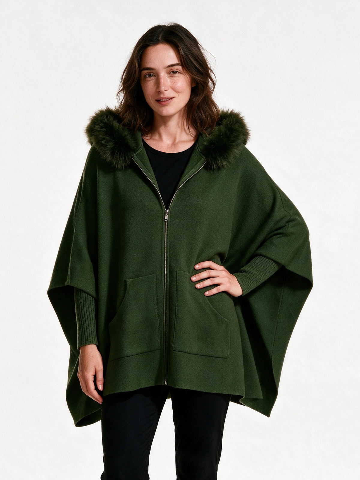 Theodora - Women's Oversized Hooded Zip Cape Coat - Green