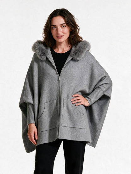 Theodora - Women's Oversized Hooded Zip Cape Coat - Grey
