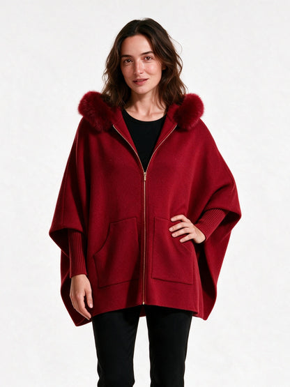 Theodora - Women's Oversized Hooded Zip Cape Coat - Red