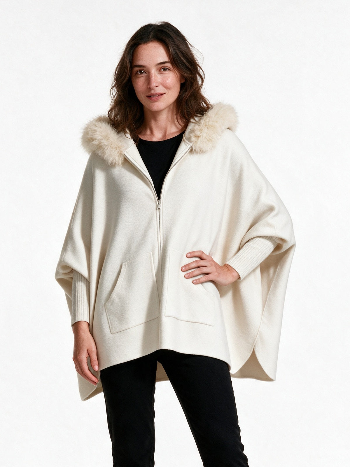 Theodora - Women's Oversized Hooded Zip Cape Coat - White