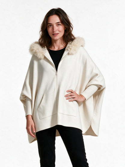 Theodora - Women's Oversized Hooded Zip Cape Coat - White