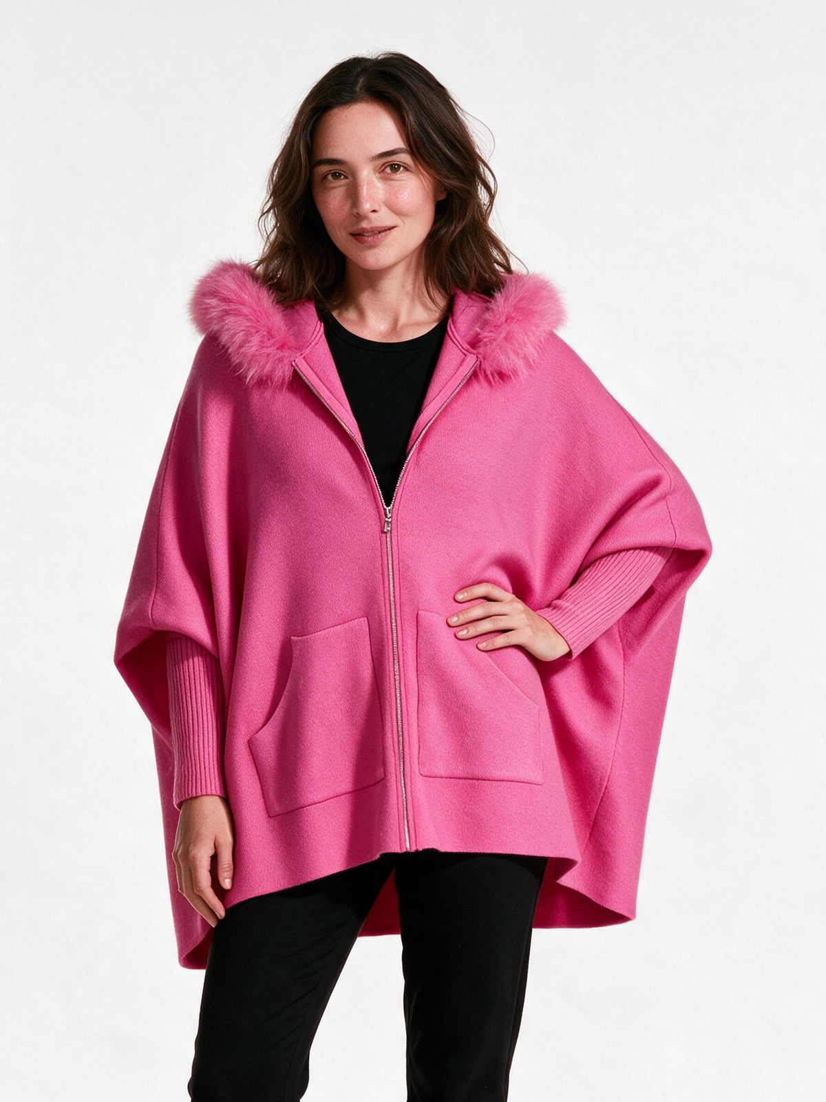 Theodora - Women's Oversized Hooded Zip Cape Coat - view 1