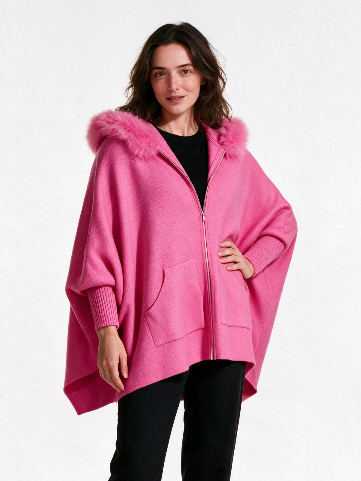 Theodora - Women's Oversized Hooded Zip Cape Coat - view 2
