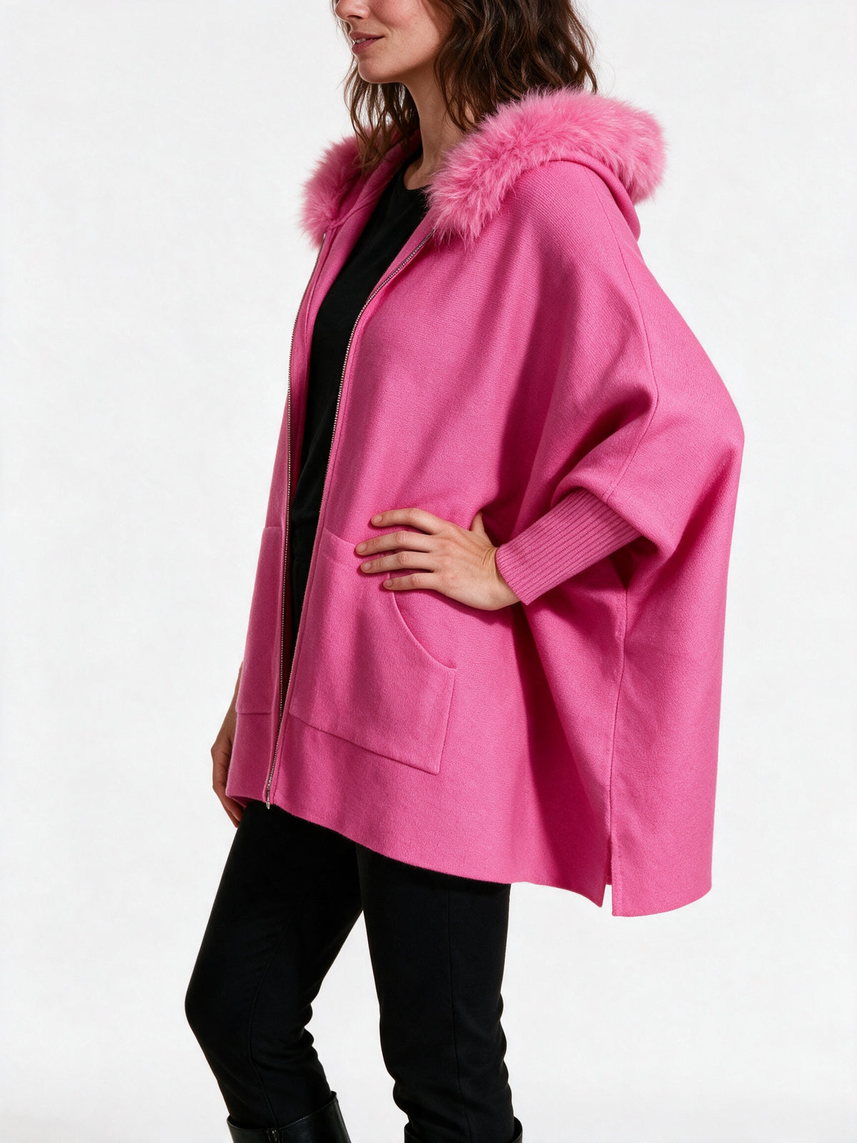 Theodora - Women's Oversized Hooded Zip Cape Coat - view 3