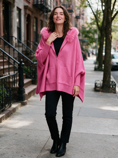 Theodora - Women's Oversized Hooded Zip Cape Coat - view 4