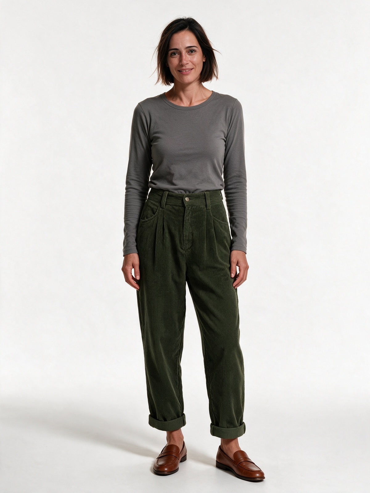 Tilda - Women's High Waisted Pleated Relaxed Trousers - Olive