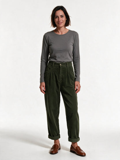 Tilda - Women's High Waisted Pleated Relaxed Trousers - Olive