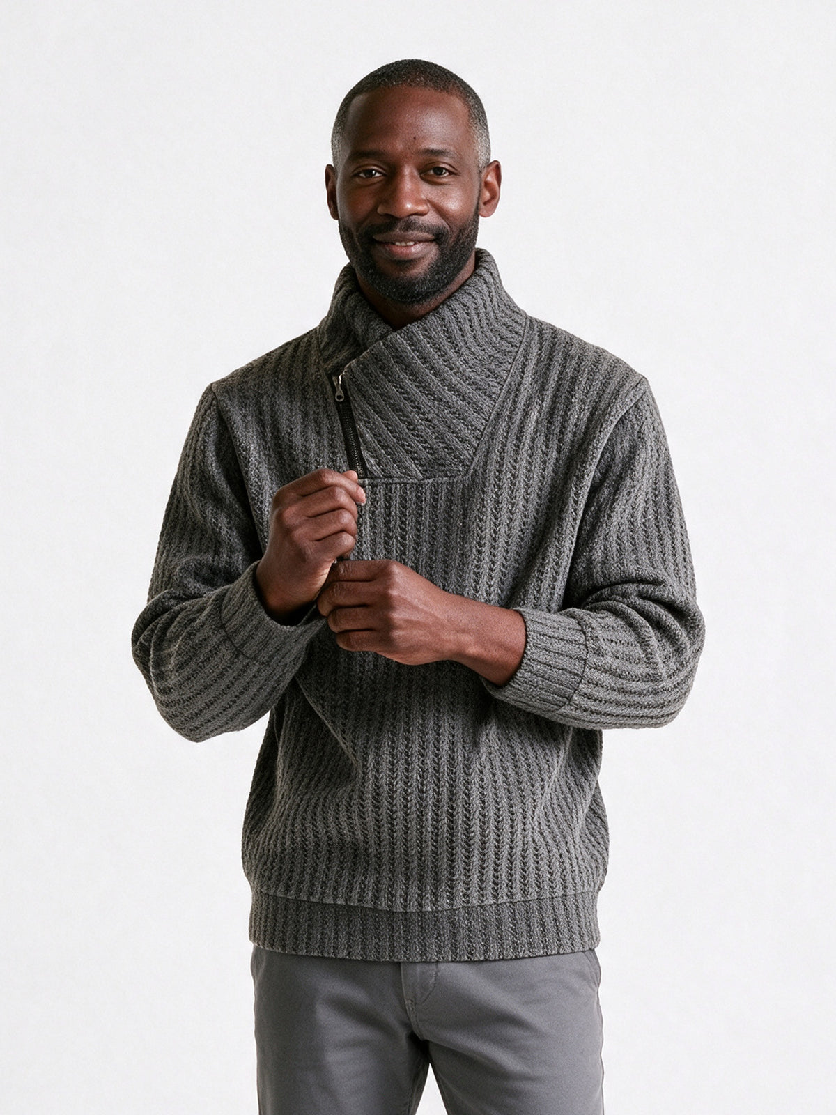 Torben - Men's Textured Shawl Collar Zip Pullover - Grey
