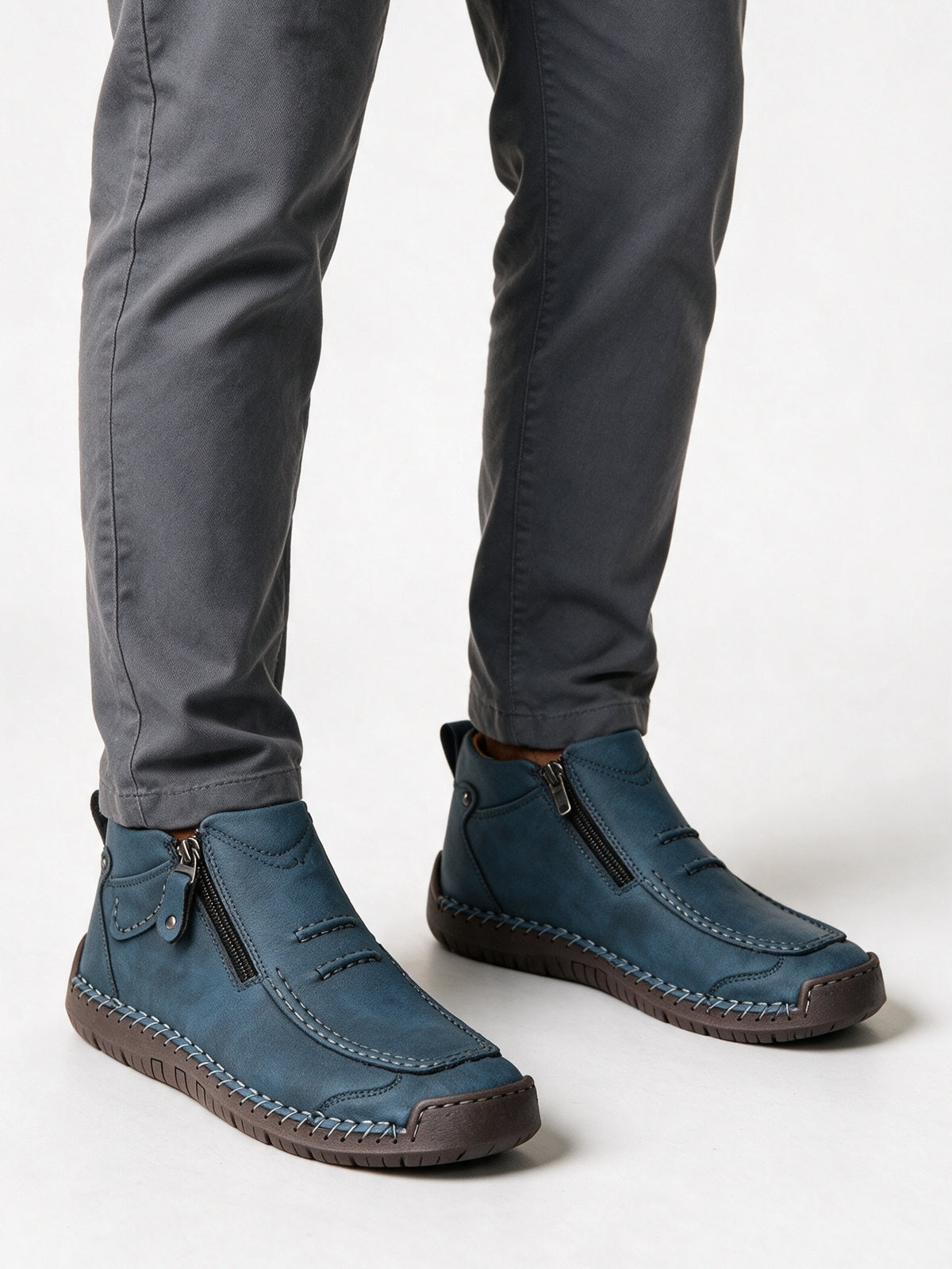 Torsten - Men's Hand Stitched Moc Toe Side Zip Boots - Blue