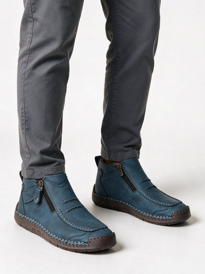 Torsten - Men's Hand Stitched Moc Toe Side Zip Boots - Blue