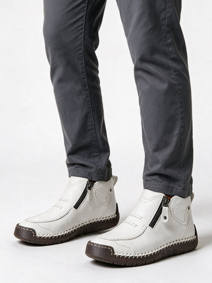 Torsten - Men's Hand Stitched Moc Toe Side Zip Boots - White