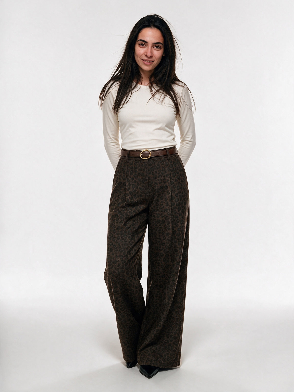 Valeria - Women's Belted Leopard Print Wide Leg Pants - view 1