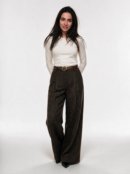 Valeria - Women's Belted Leopard Print Wide Leg Pants - view 1