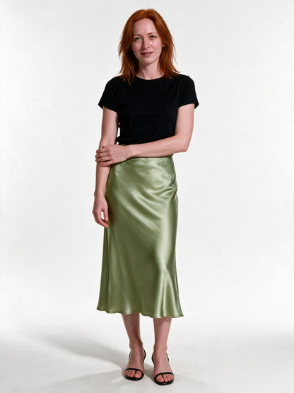 Veronica - Women's High Shine Midi Slip Skirt with Elastic Waist - Avocado Green