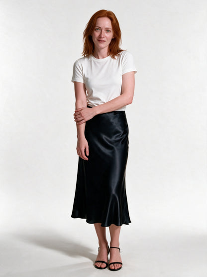 Veronica - Women's High Shine Midi Slip Skirt with Elastic Waist - Black