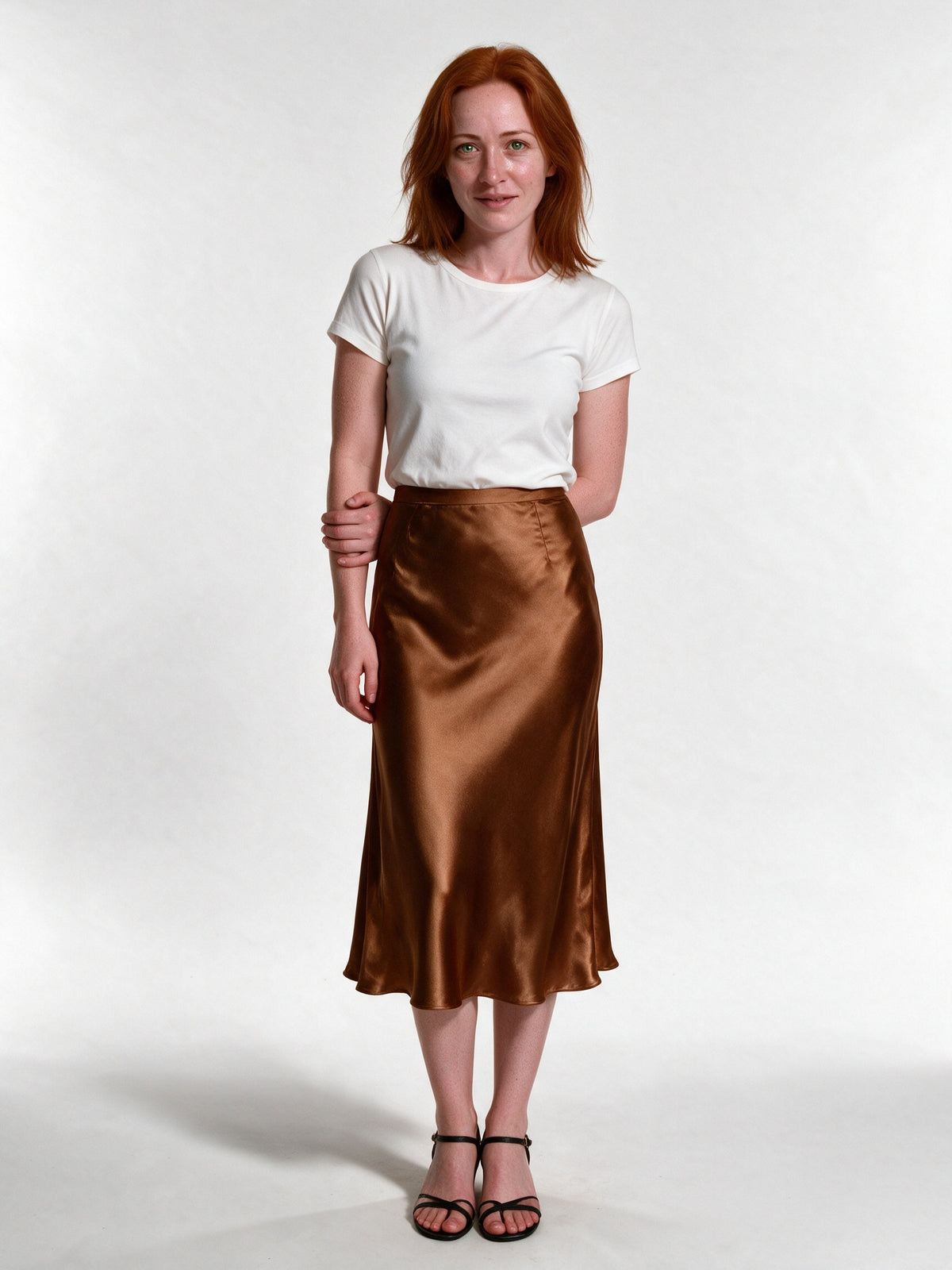 Veronica - Women's High Shine Midi Slip Skirt with Elastic Waist - Brown