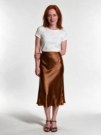 Veronica - Women's High Shine Midi Slip Skirt with Elastic Waist - Brown