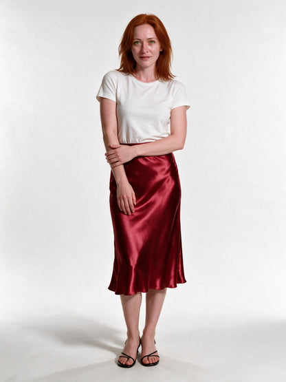 Veronica - Women's High Shine Midi Slip Skirt with Elastic Waist - Burgundy