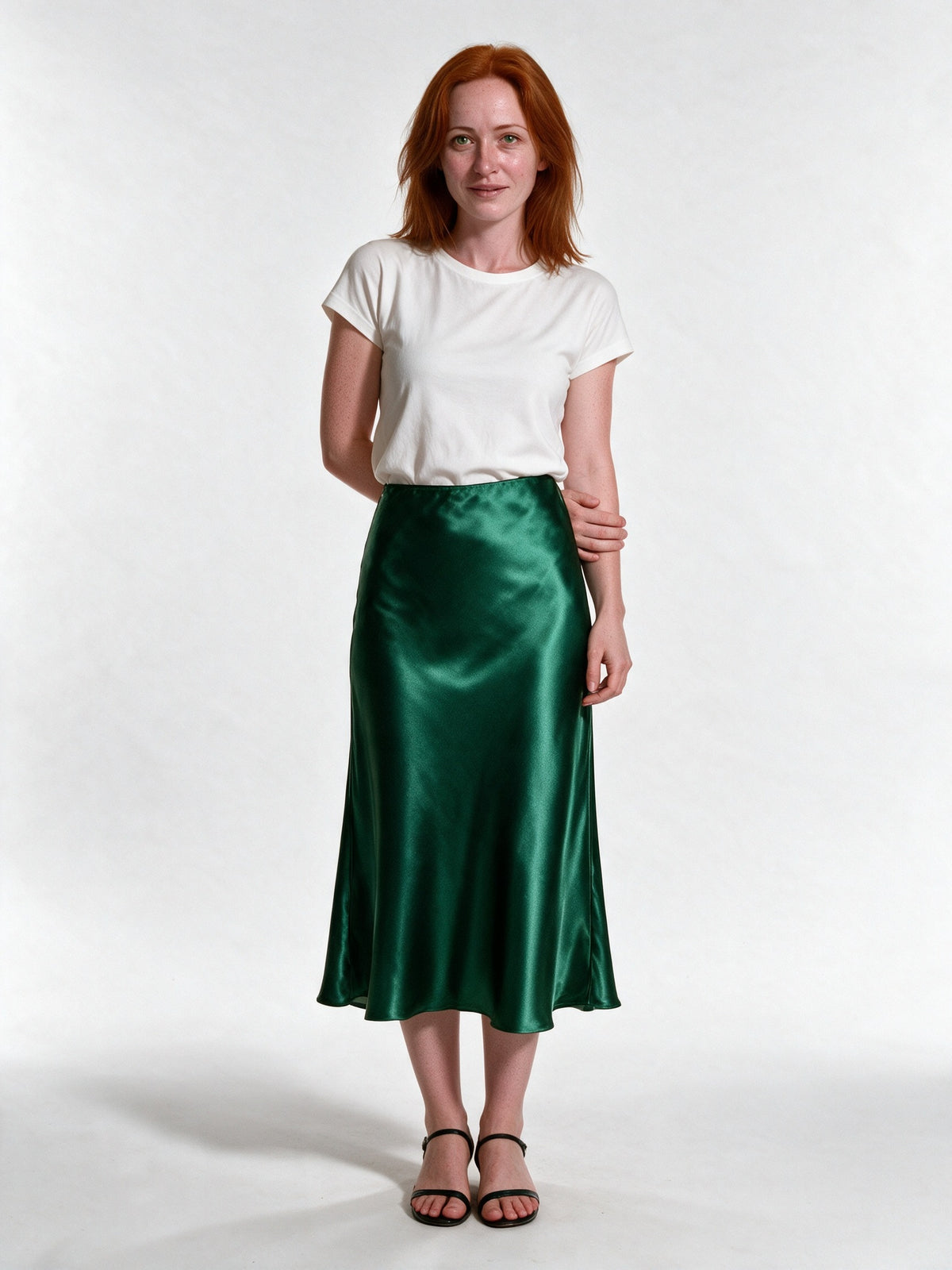 Veronica - Women's High Shine Midi Slip Skirt with Elastic Waist - Emerald Green