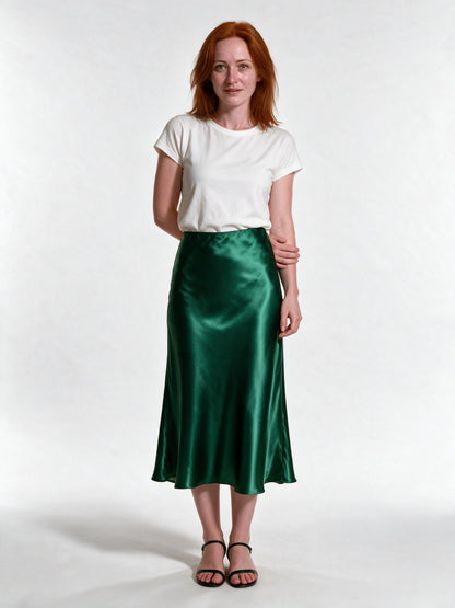 Veronica - Women's High Shine Midi Slip Skirt with Elastic Waist - Emerald Green