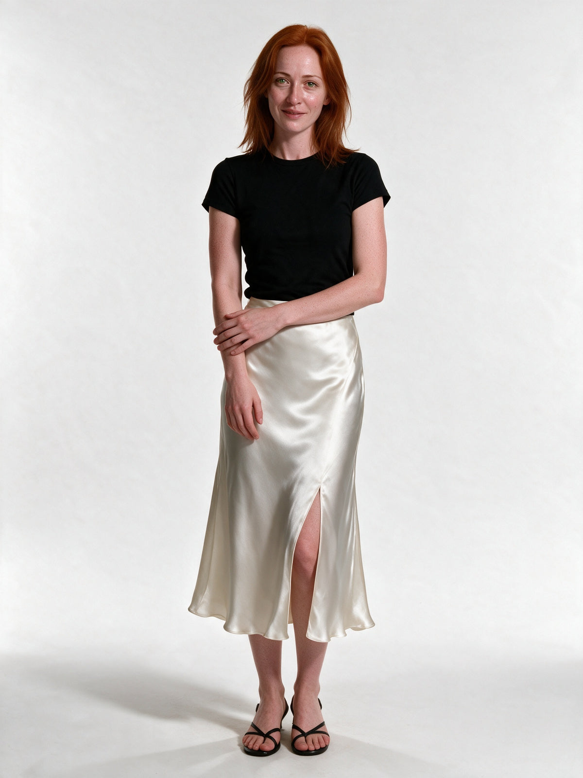 Veronica - Women's High Shine Midi Slip Skirt with Elastic Waist - Ivory