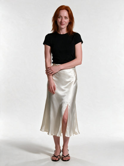 Veronica - Women's High Shine Midi Slip Skirt with Elastic Waist - Ivory
