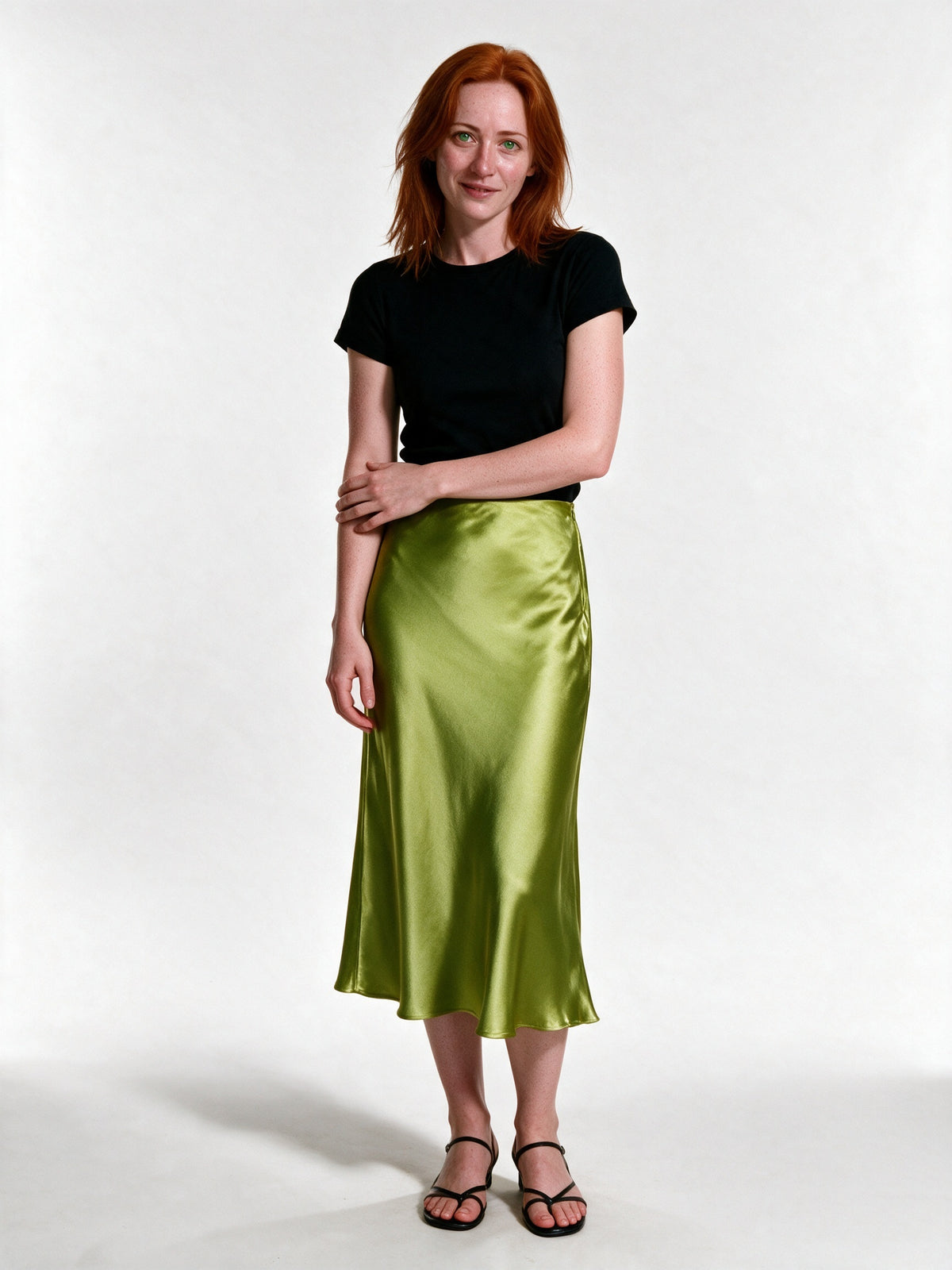 Veronica - Women's High Shine Midi Slip Skirt with Elastic Waist - Lime Green