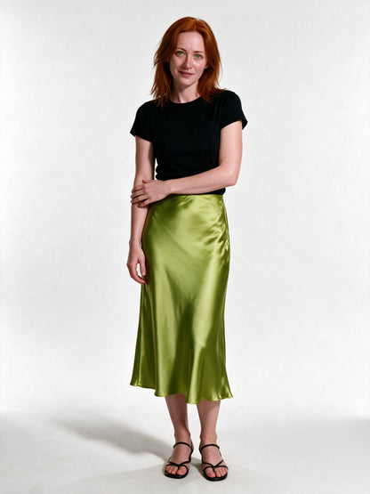 Veronica - Women's High Shine Midi Slip Skirt with Elastic Waist - Lime Green