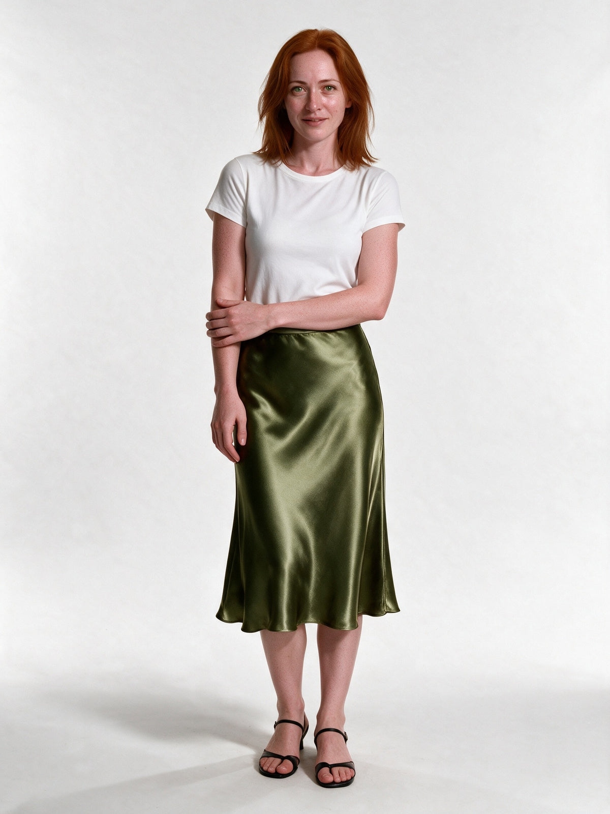 Veronica - Women's High Shine Midi Slip Skirt with Elastic Waist - Moss Green