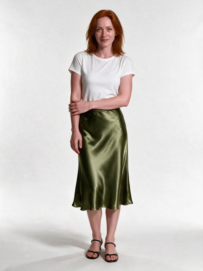 Veronica - Women's High Shine Midi Slip Skirt with Elastic Waist - Moss Green