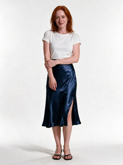 Veronica - Women's High Shine Midi Slip Skirt with Elastic Waist - Navy