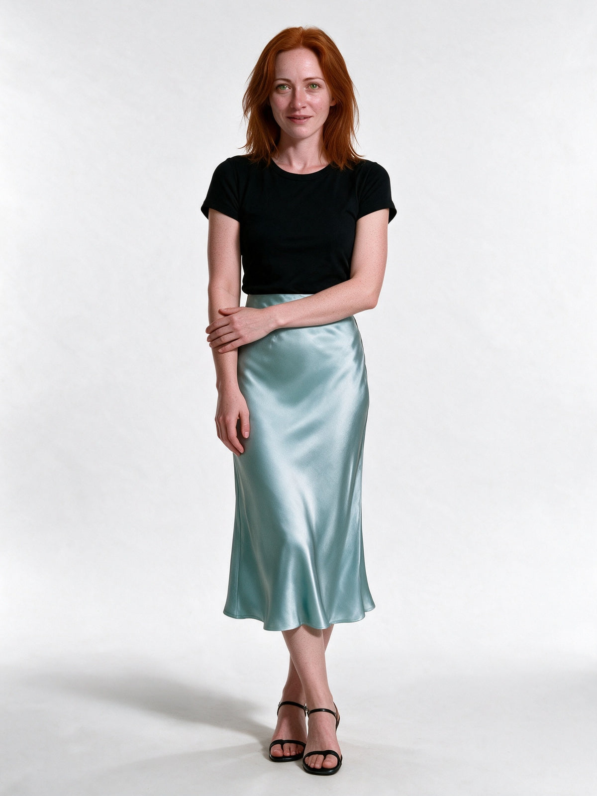 Veronica - Women's High Shine Midi Slip Skirt with Elastic Waist - Powder Blue