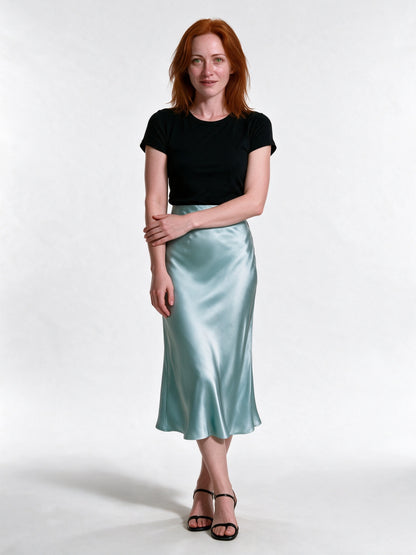 Veronica - Women's High Shine Midi Slip Skirt with Elastic Waist - Powder Blue