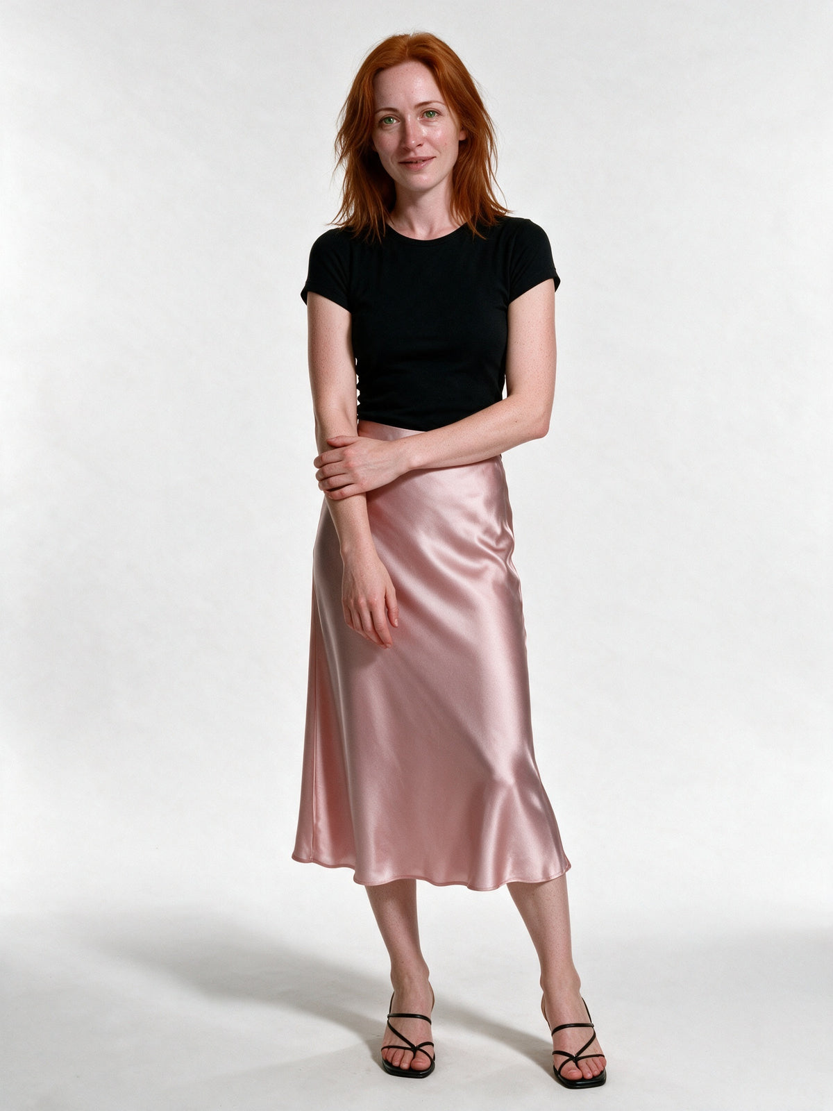 Veronica - Women's High Shine Midi Slip Skirt with Elastic Waist - Rose Pink