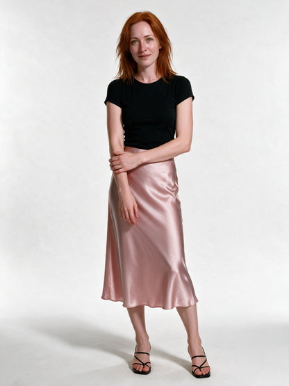 Veronica - Women's High Shine Midi Slip Skirt with Elastic Waist - Rose Pink