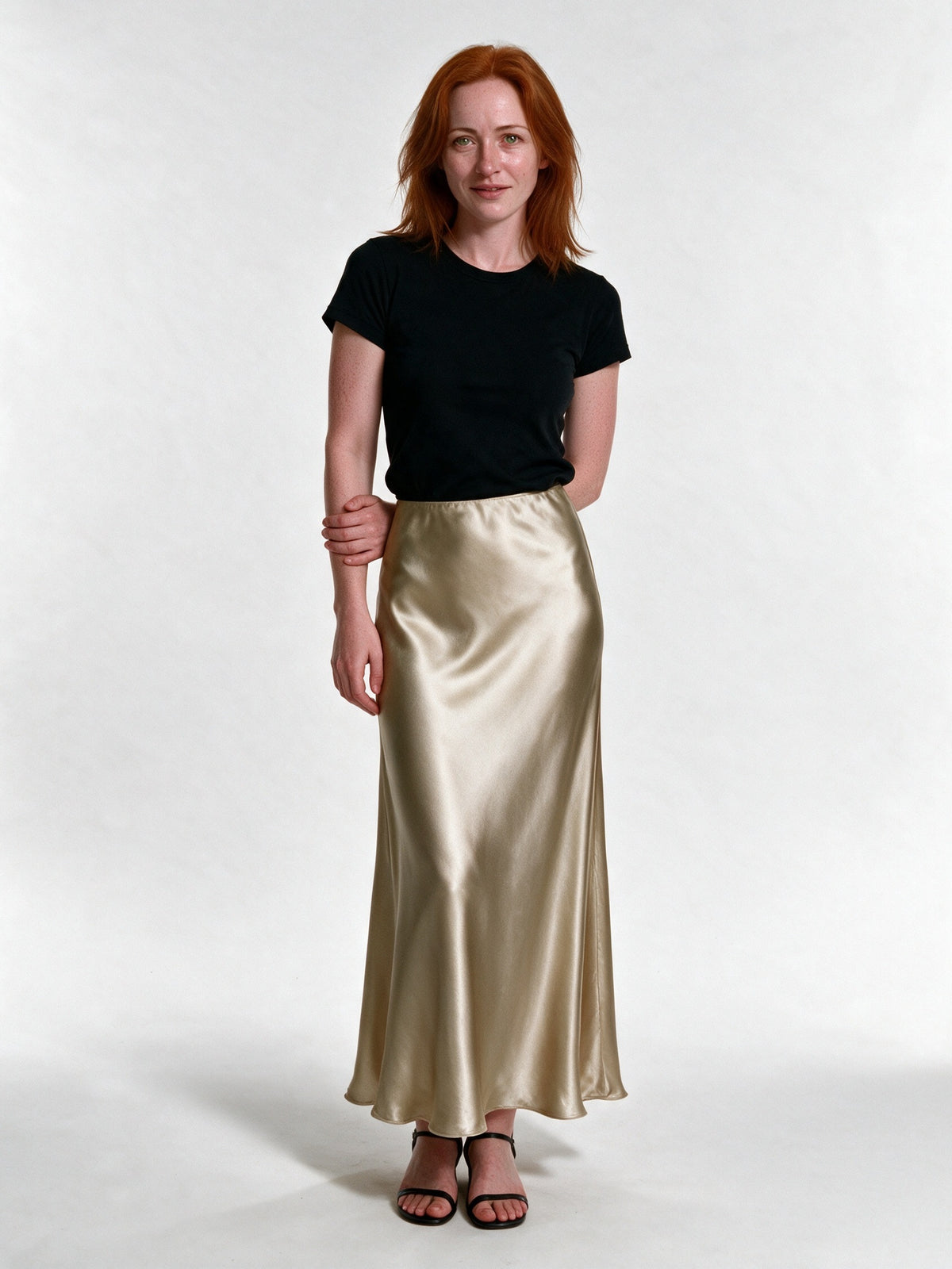 Veronica - Women's High Shine Midi Slip Skirt with Elastic Waist - view 1