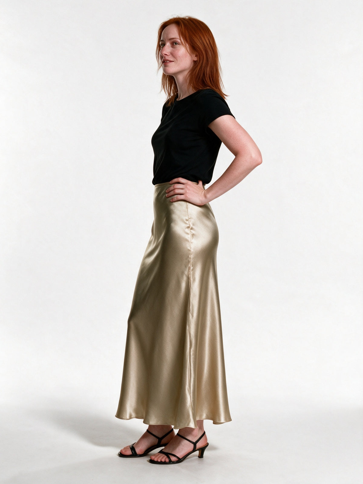 Veronica - Women's High Shine Midi Slip Skirt with Elastic Waist - view 2
