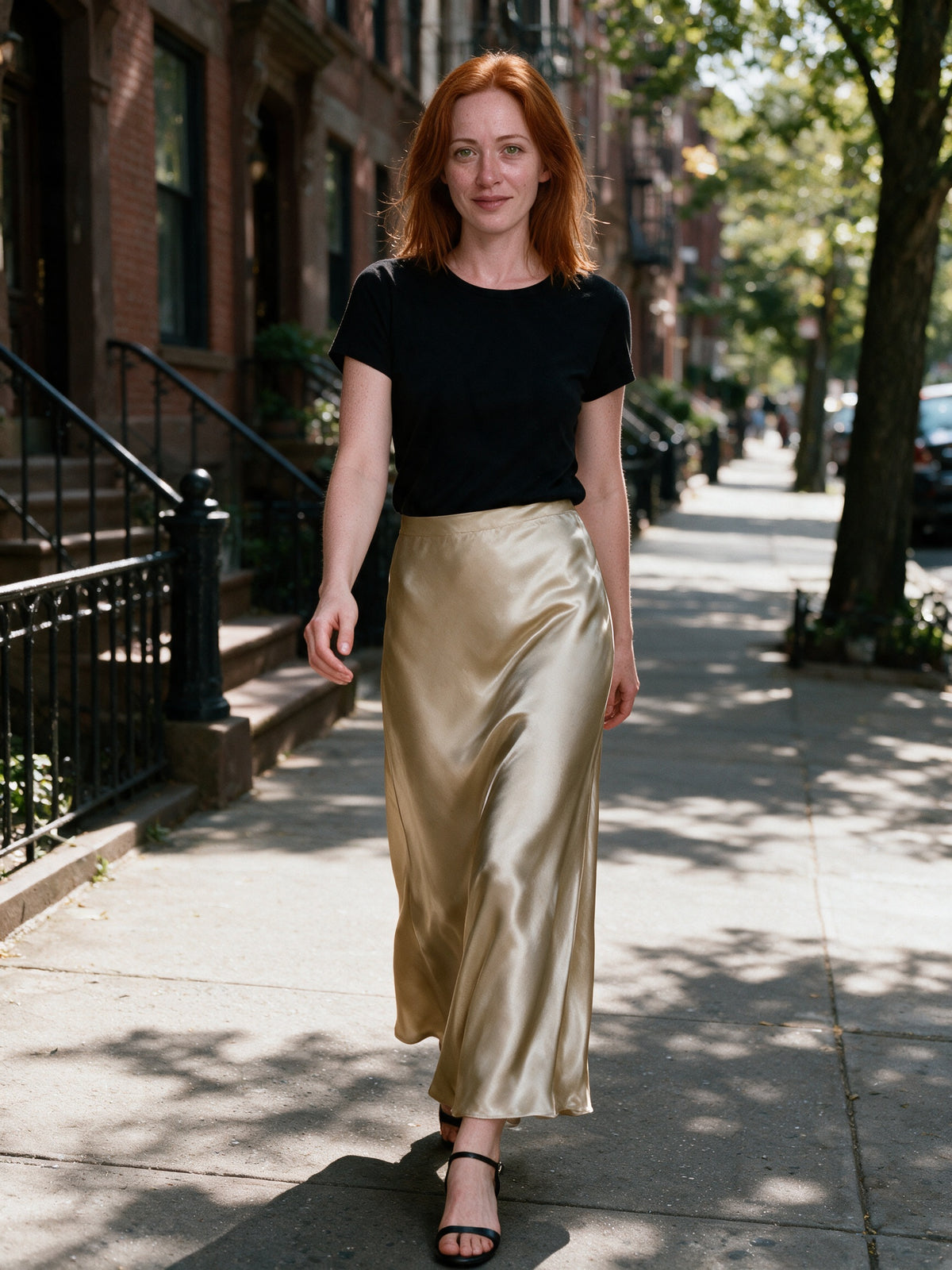 Veronica - Women's High Shine Midi Slip Skirt with Elastic Waist - view 4
