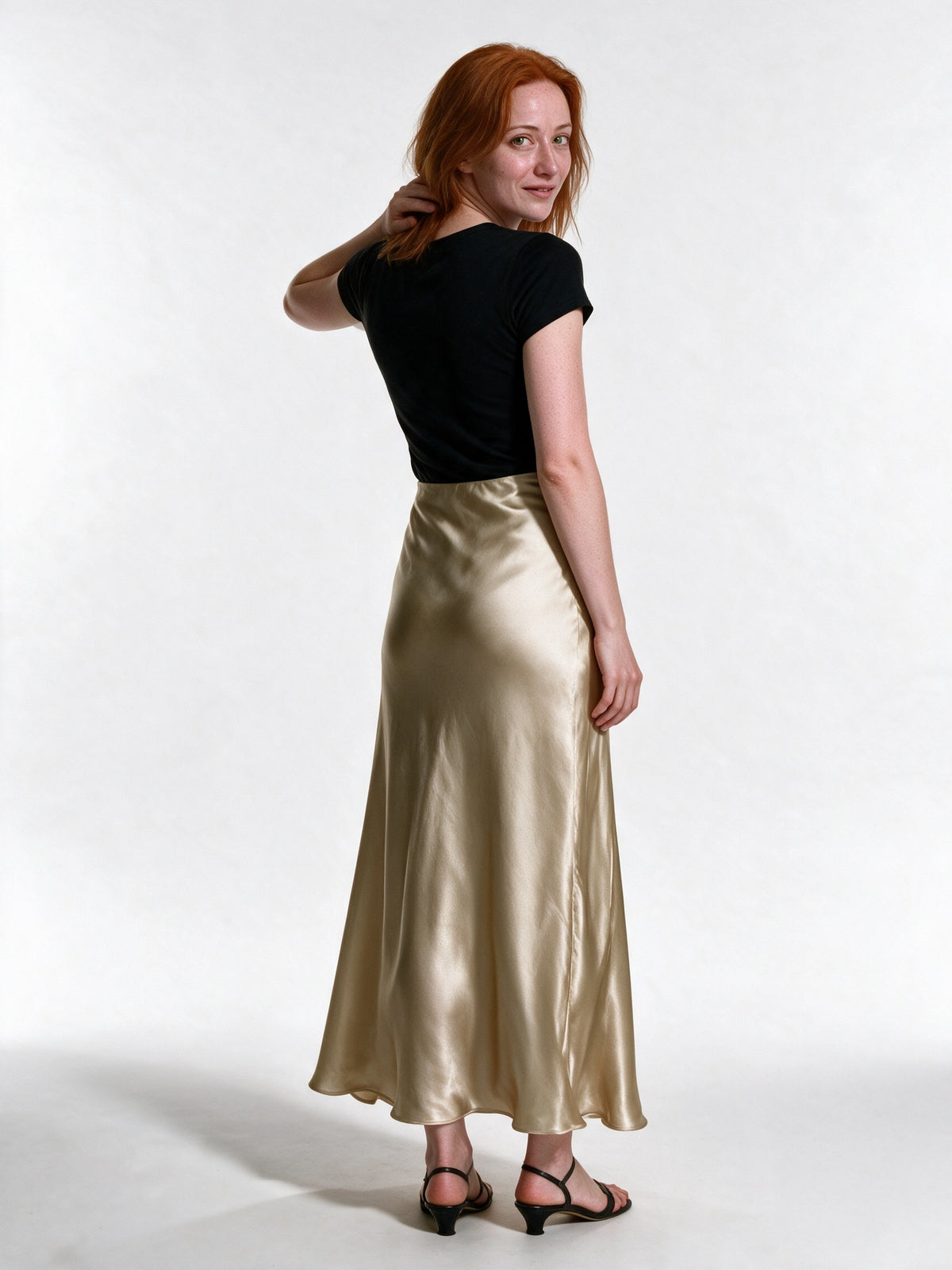 Veronica - Women's High Shine Midi Slip Skirt with Elastic Waist - view 5