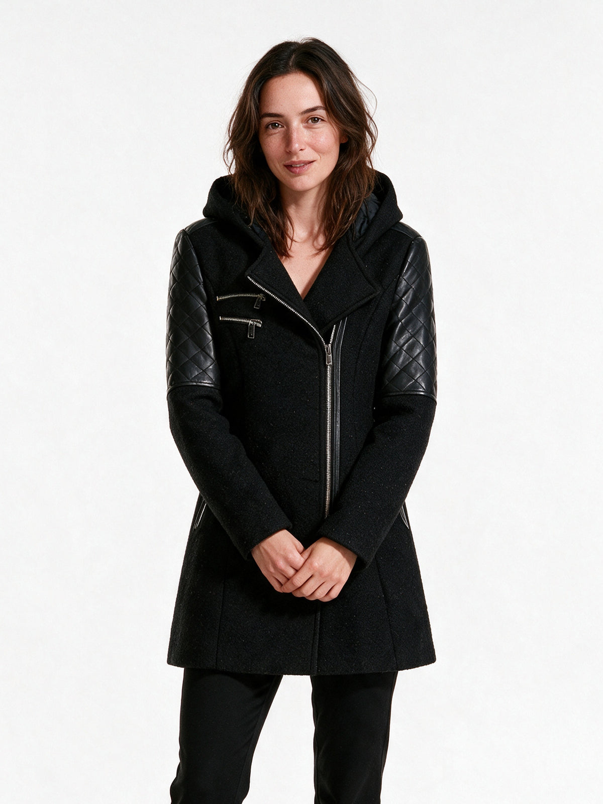 Vera - Women's Hooded Asymmetric Zip Coat with Quilted Shoulders - Black