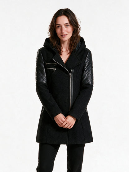Vera - Women's Hooded Asymmetric Zip Coat with Quilted Shoulders - Black