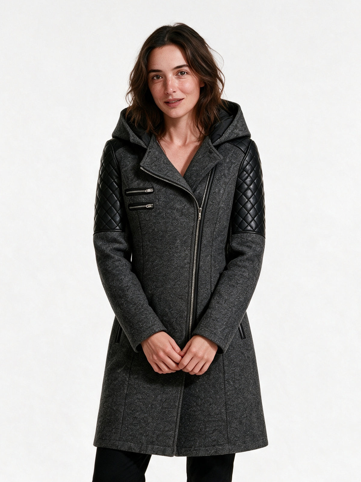 Vera - Women's Hooded Asymmetric Zip Coat with Quilted Shoulders - Dark Gray